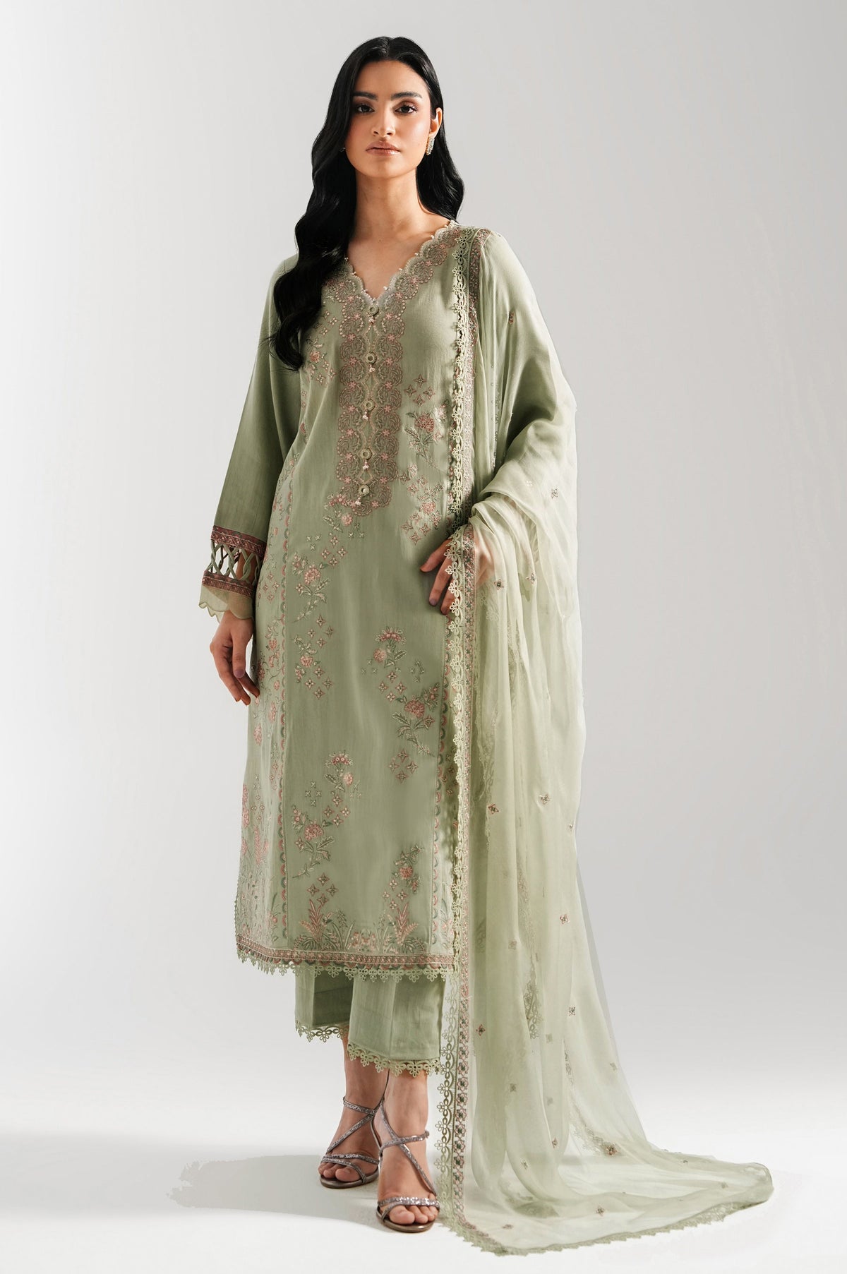 EMBROIDERED COTTON SATIN UNSTITCHED 3 PIECE SUIT