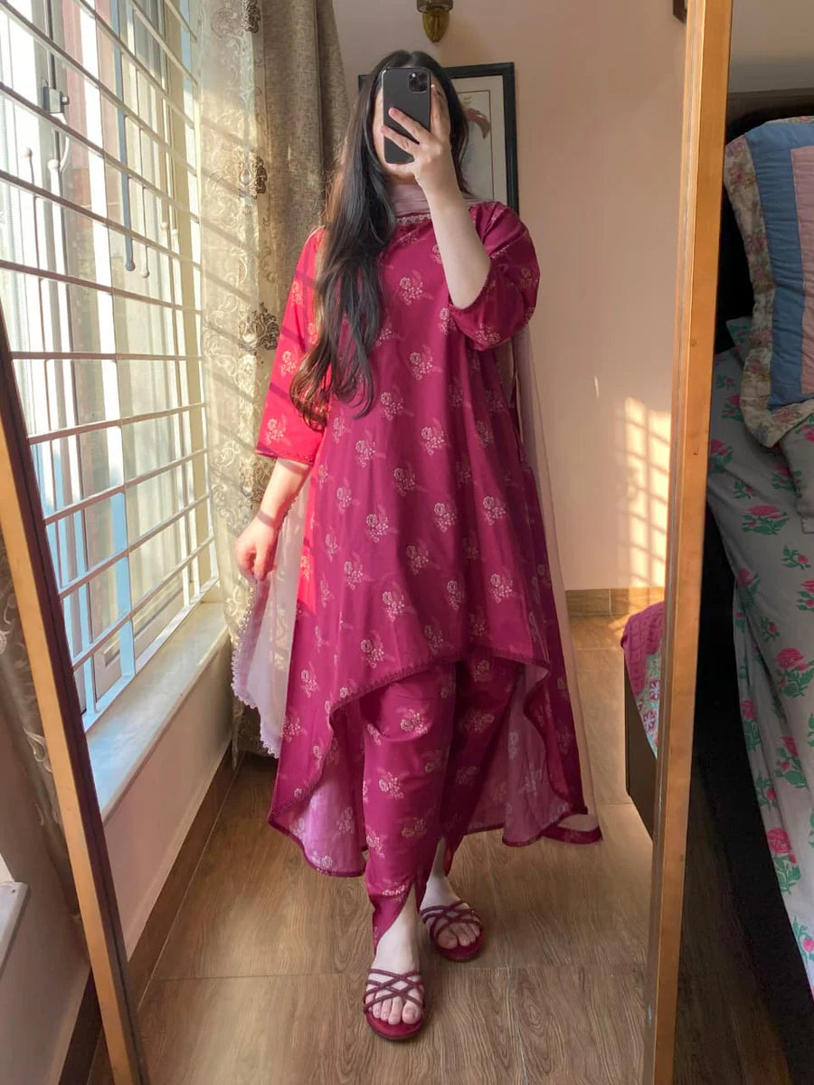 3 Piece - Lawn Printed Dress with Tulip Shalwar